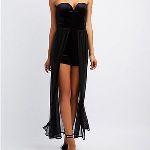 Strapless Black Velvet Romper Maxi Dress